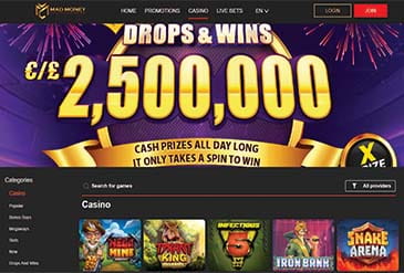 Die WebSeite des Mad Money Casinos