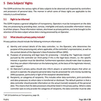 Auszug aus den Datenschutzrichtlinien der Malta Gaming Authority.