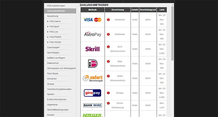 Diese Zahlungsmethoden kann man bei NetBet benutzen