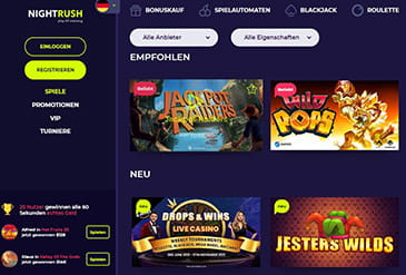 Die Webseite des Nightrush Casinos mit einigen Spiel-Logos.