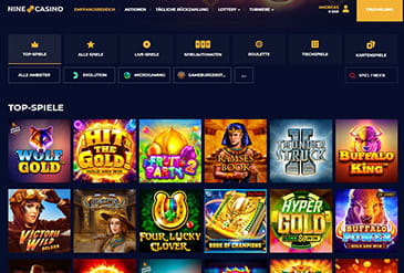 Auf der Startseite des Nine Casinos finden sich die beliebtesten Spiele und Aktionen.