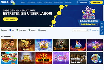 Die Startseite bei Nucleonbet im Überblick.
