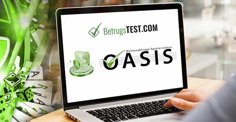 Das Logo der OASIS Spielersperrdati und das Logo von Betrugstest.com auf einem Laptopbildschirm.