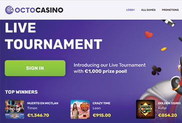 Die Startseite des Glücksspielportals im Octocasino.