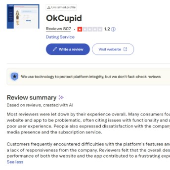 Trustpilot Übersicht von OkCupid.