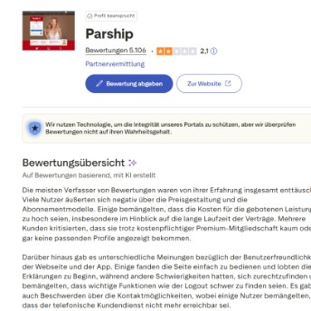 Trustpilot Übersicht von Parship.