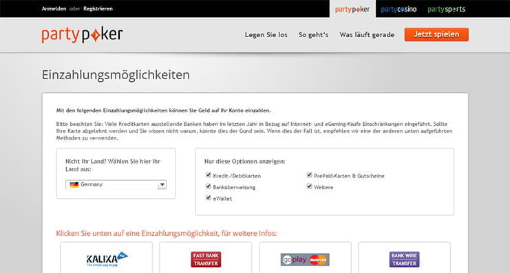 Die Übersicht zu den Einzahlungsmöglichkeiten bei partypoker