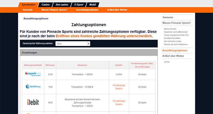Die Details zu allen Pinnacle Sports Zahlungsmethoden auf einem Blick