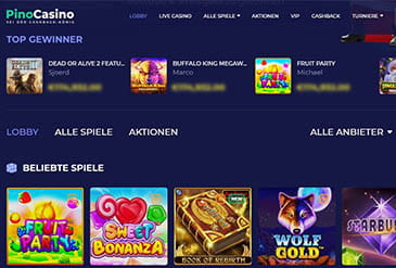 Die Startseite des PinoCasino mit den Logos einiger Spiele und Top Gewinnern.