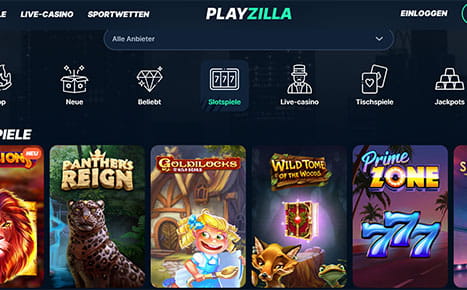 Die Kategorien und einige Slot Spiele des PlayZilla Casinos.