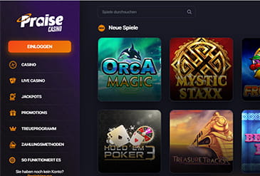 Die übersichtliche Webseite des Praise Casinos.