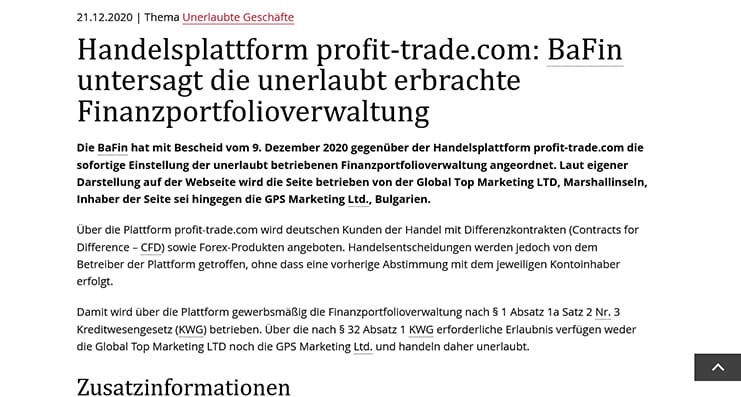 Die Meldung der BaFin zum Profit Trade Betrug.