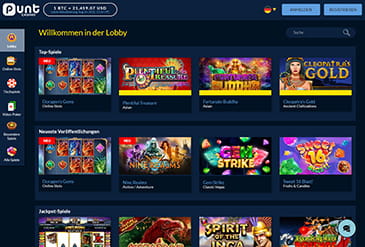 Die Punt Casino Webseite mit den Spielkategorien und der Suchfunktion.