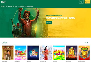 Die Qbet Webseite mit den Spielkategorien.