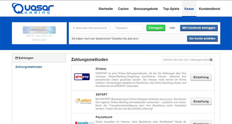 Die Übersicht zu den Zahlungsmöglichkeiten bei Quasar Gaming