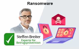Ein Portrait von Steffen Breitner, daneben ein Laptop & ein Smartphone mit Schlosssymbolen auf den Bildschirmen.