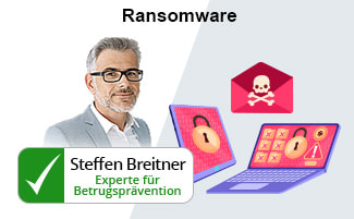 Ein Portrait von Steffen Breitner, daneben ein Laptop & ein Smartphone mit Schlosssymbolen auf den Bildschirmen.