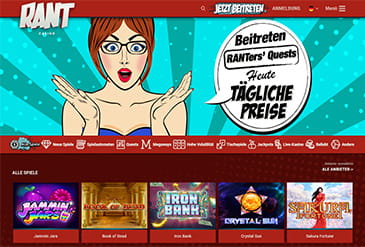 Auf der Startseite des RANT Casinos sind einige Spiele, die Kategorien sowie ein Bonus Angebot zu sehen.