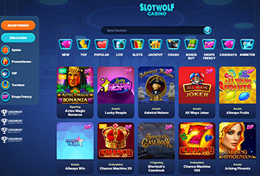 Das Sortiment an Spielen aus dem Slotwolf.