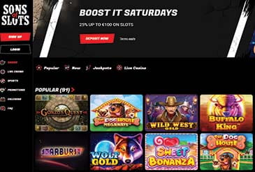 Auf der Startseite präsentiert das Sons of Slots die beliebtesten Kategorien und Bonus Angebote.
