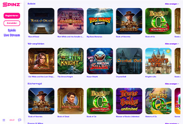 Die Spielauswahl der Spinz Spielhalle.