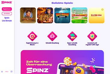 Die Startseite der Spinz Spielhalle.