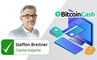 Das Bitcoin Cash Logo mit einem Foto von Steffen Breitner.