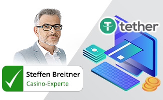 Ein Foto von Steffen Breitner, daneben das Tether Logo.
