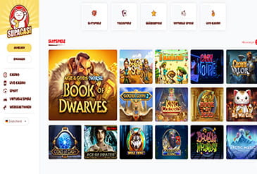 Bereits auf der SupaCasi Startseite finden sich alle Kategorien und die beliebtesten Spiele.