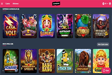 Die Supremo Startseite mit Casino Spielen.