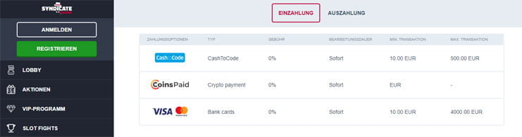 Ein Überblick über die Zahlungsmethoden im Syndicate Casino.