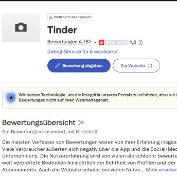 Trustpilot Übersicht von Tinder.
