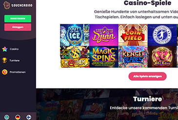 Die Touch Casino Webseite mit den Spielkategorien und der Suchfunktion.