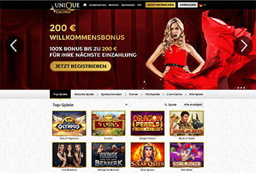 Die Startseite mit den Top Spielen im Unique Casino.