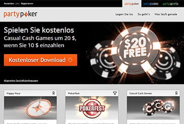 Die PartyPoker Webseite mit aktuellem Bonusangebot auf der Startseite