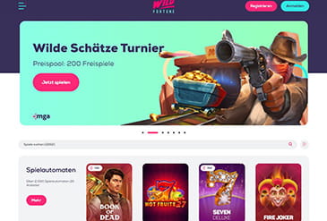 Die Wild Fortune Casino Startseite mit eine Casino Aktione und den Logos von Spielautomaten.