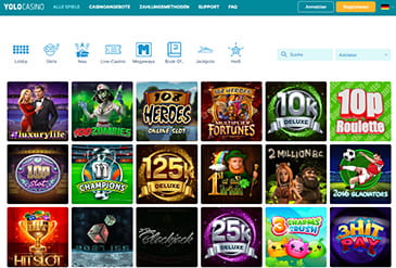 Die Spielkategorien und einige Spiele im Yolo Casino.