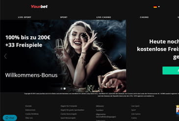 Die Casino Startseite des Yourbet Casinos mit der aktuellen Aktion und den verfügbaren Spielentwicklern.