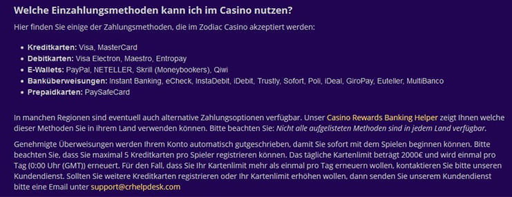 Die Zahlungsoptionen im Zodiac Casino