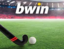 Das Logo von Bwin and a Feldhockey scene.