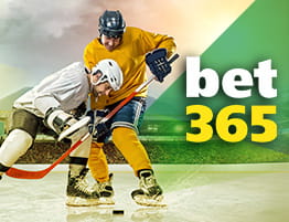 Das Logo von Bet365 und eine Szene aus einem Eishockey-Spiel.