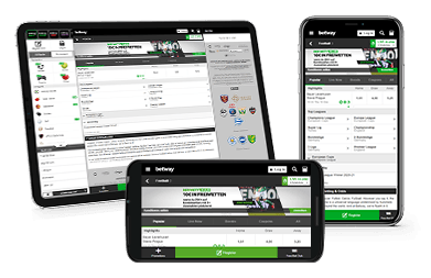 Das Sportwetten Angebot von Betway auf verschiedenen mobilen Geräten.