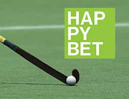 Das Logo von Happybet and a Feldhockey scene.