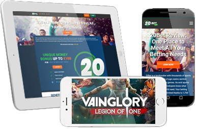 Das Vainglory Wetten Angebot von 20bet auf verschiedenen mobilen Geräten.