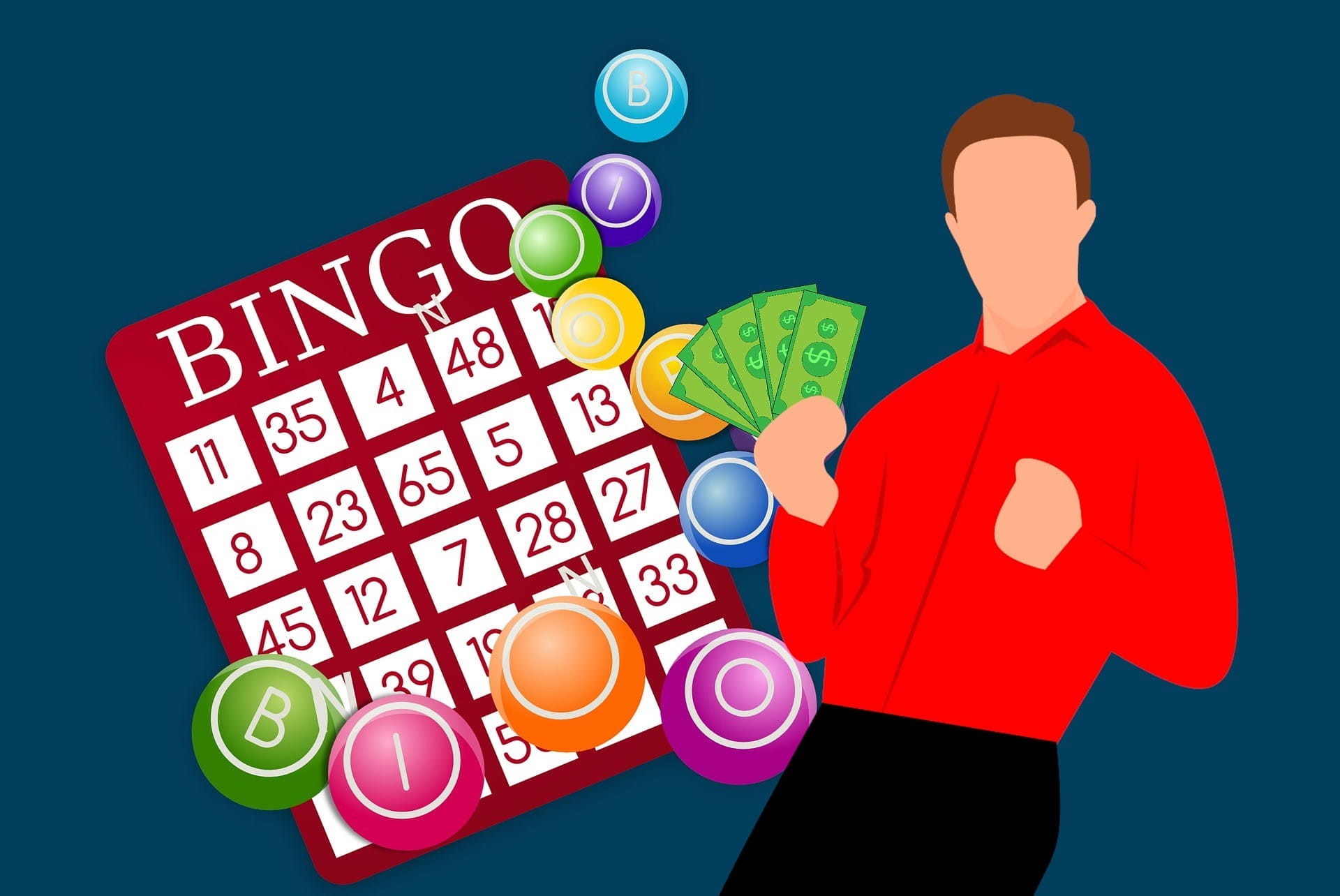 Bingo-Karte und Mann mit Geld in der Hand.