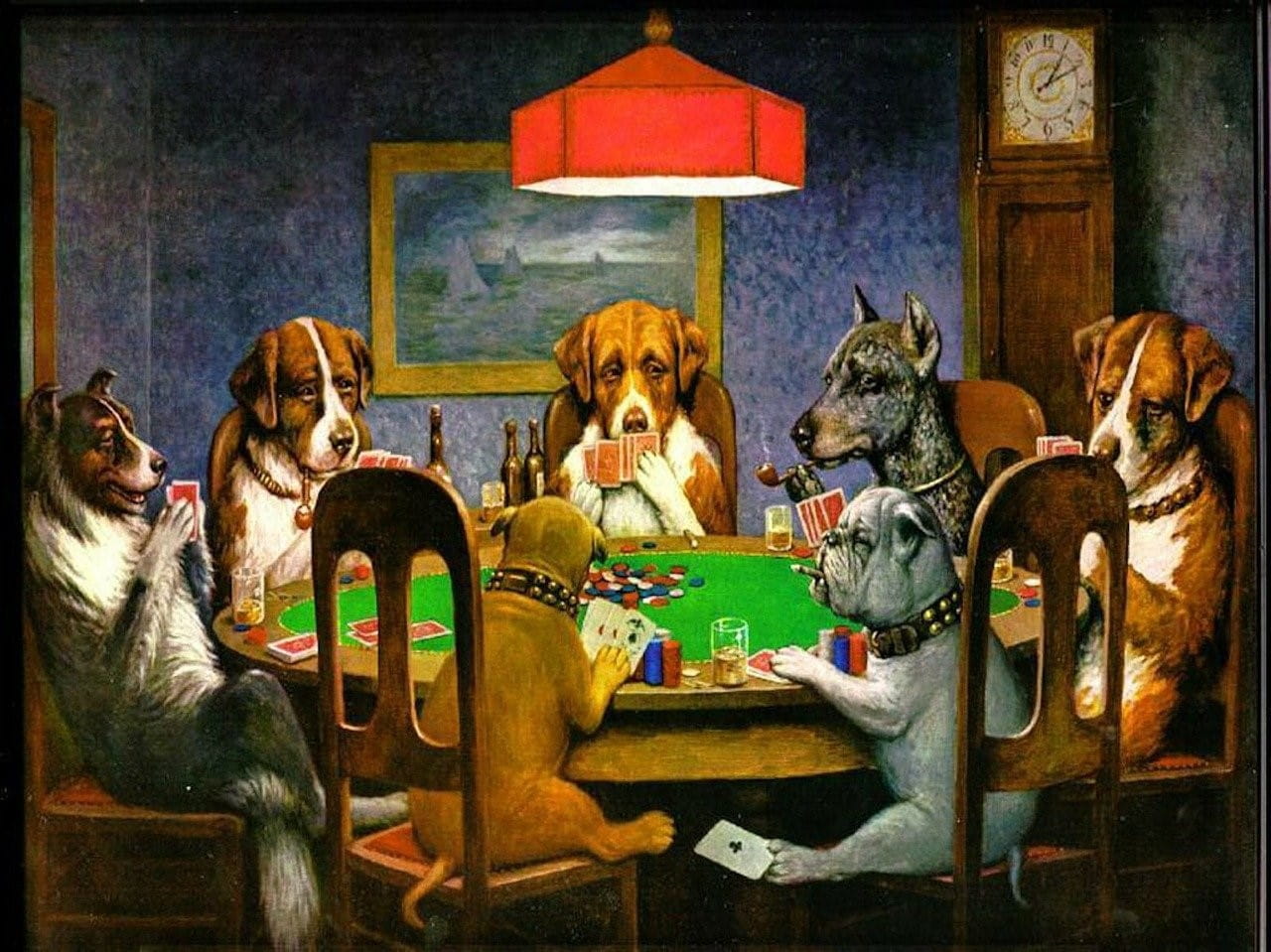 Sieben gezeichnete Hunde sitzen zusammen an einem Tisch und spielen Poker.