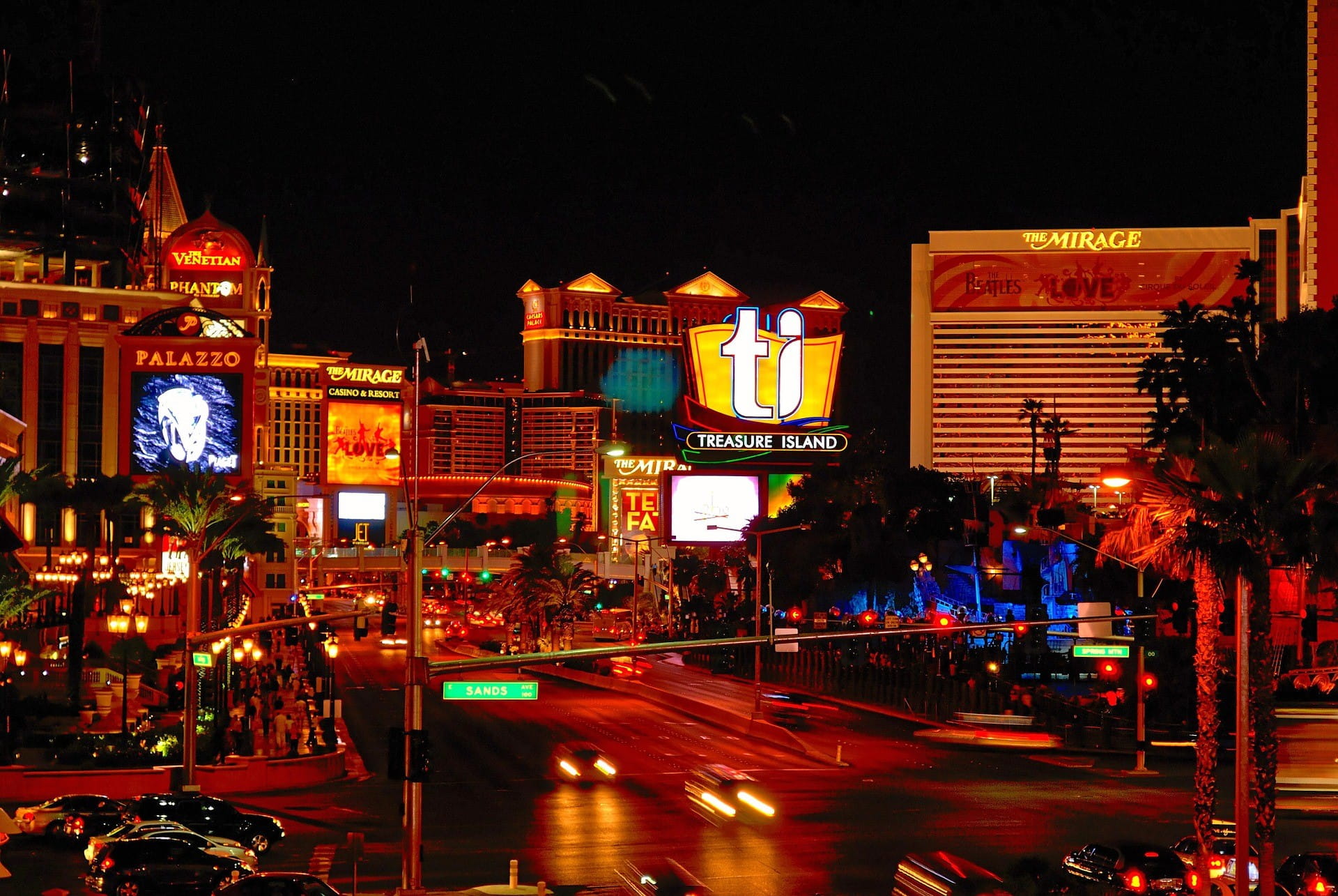 Die Casinos Palazzo, Venetian und Mirage von Las Vegas.