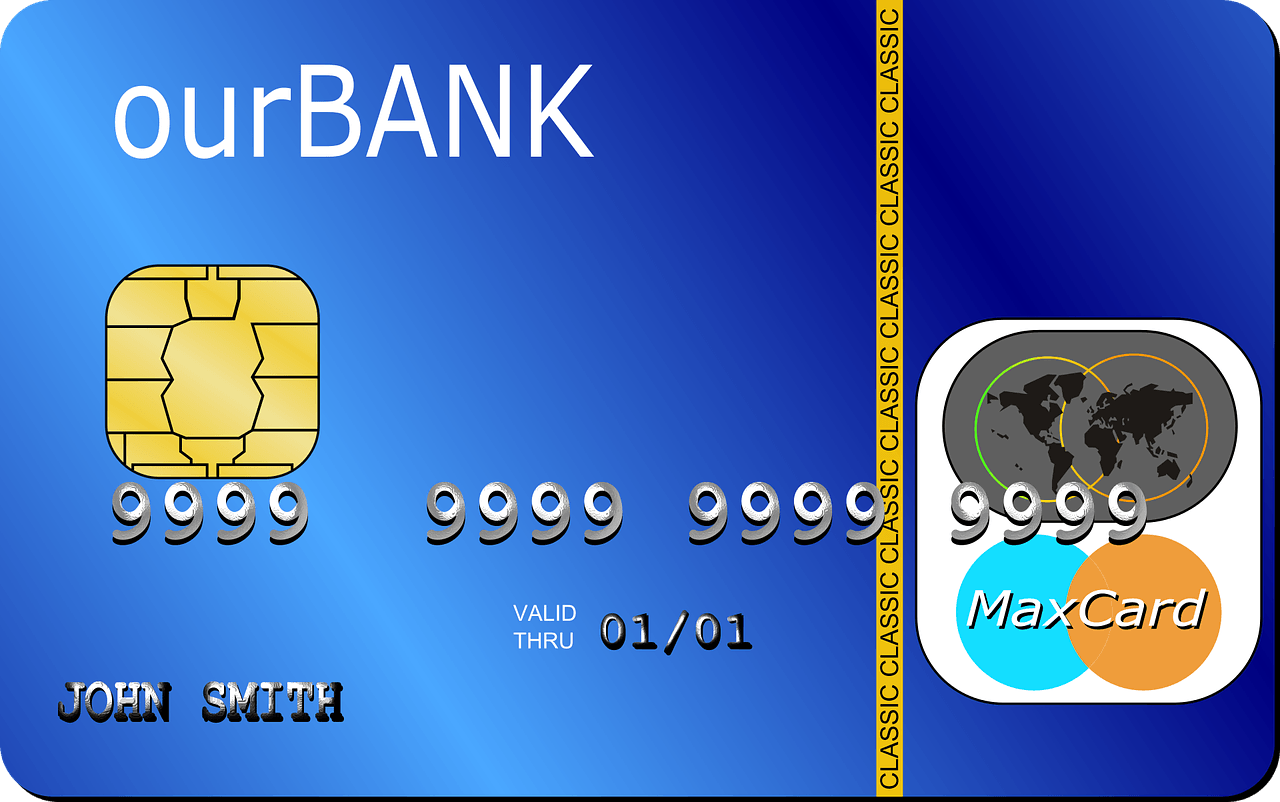 Eine blaue Kredikkarte einer erfundenen Bank, die weltweit gültig wäre.