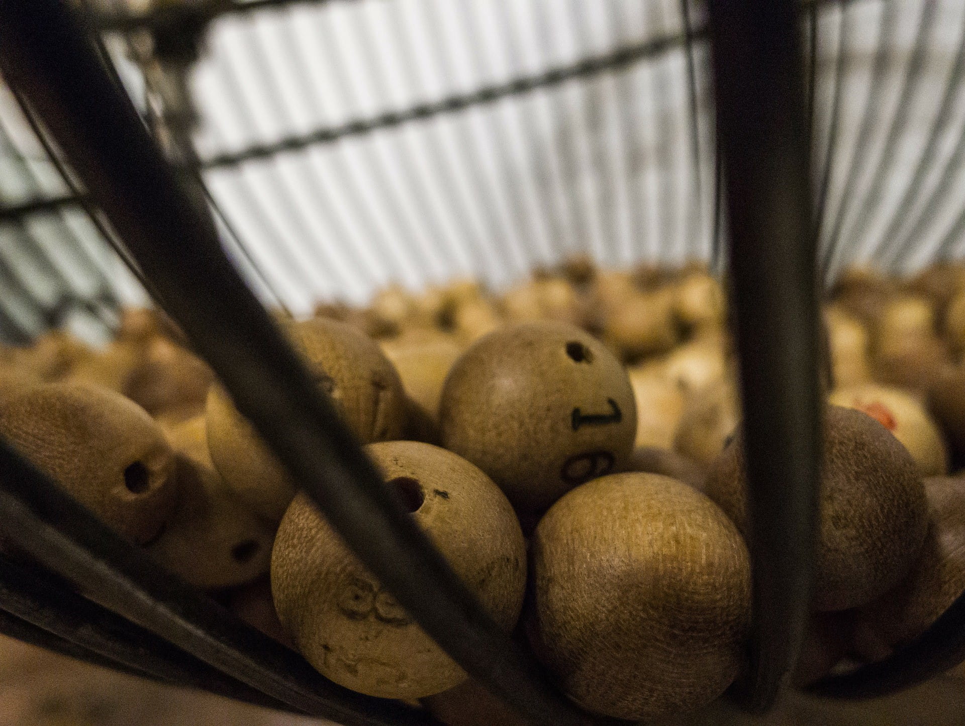 Mehrere Holzkugeln mit aufgedruckten Zahlen liegen in einem Gitterkorb.