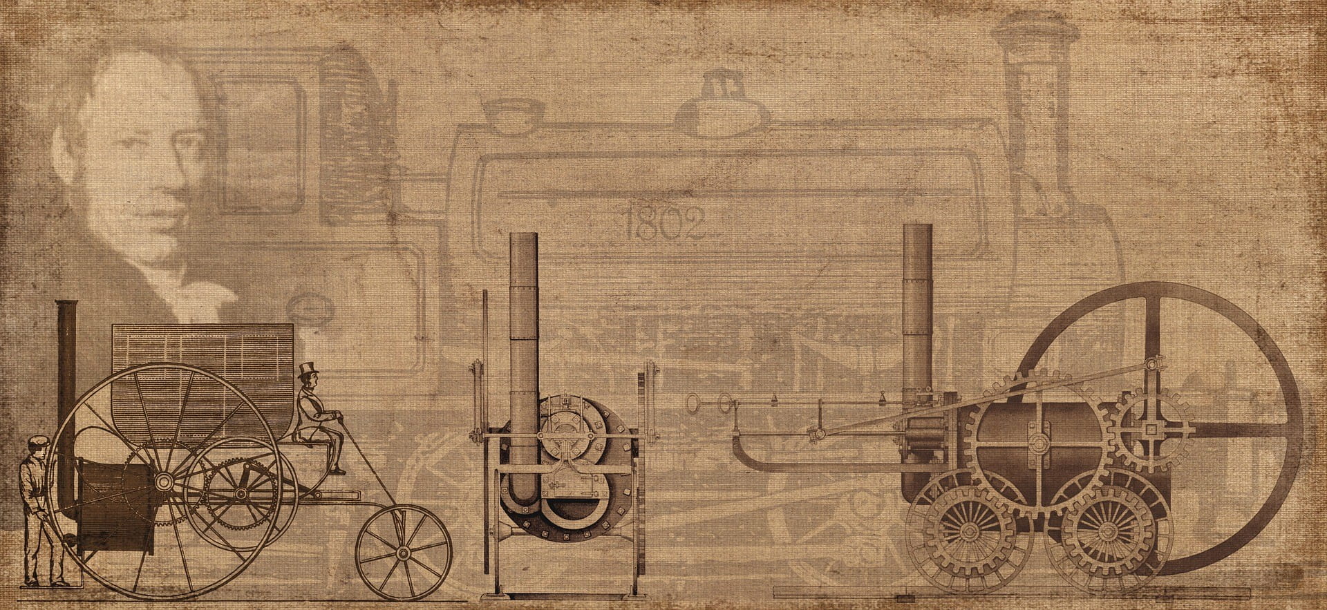 Auf einem alten Bild ist eine Dampfmaschine und ein Mann zu sehen.